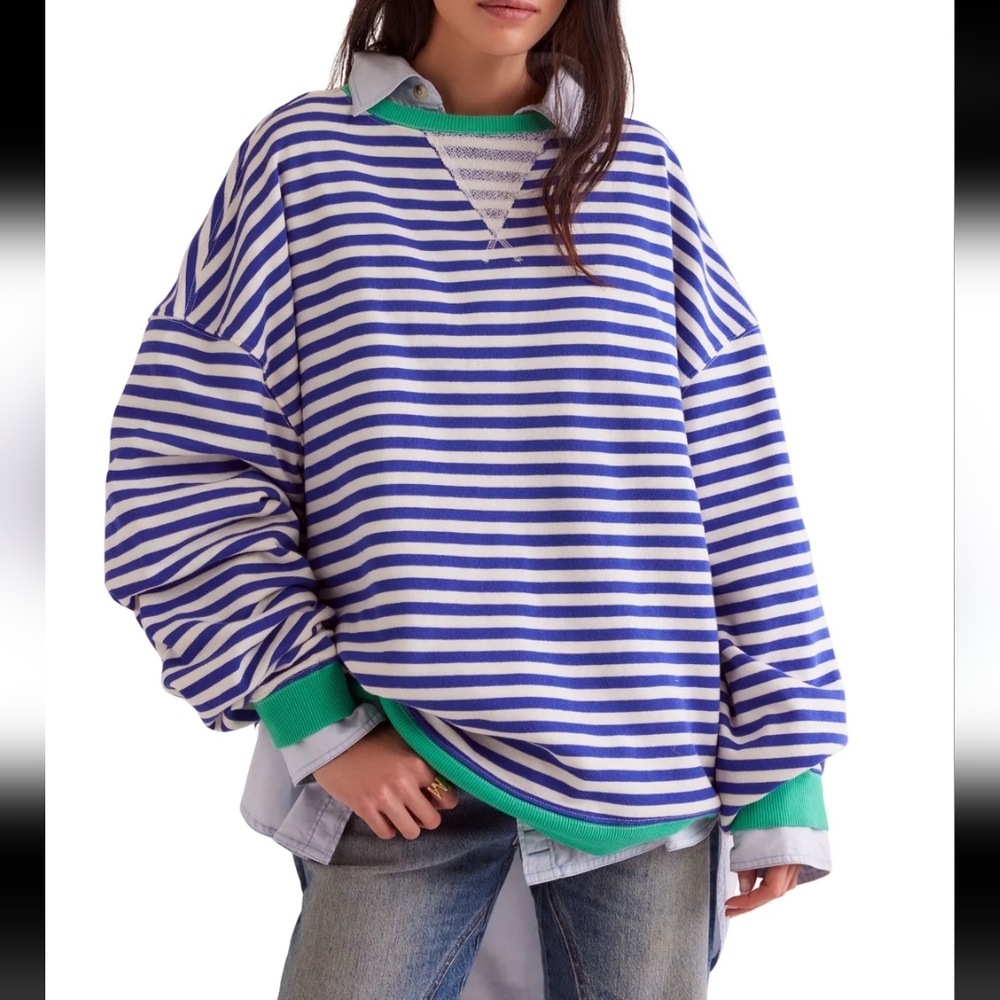 Free People Classic Striped Oversized Crewneck Sand Dollar Combo - Picture 3 of 9